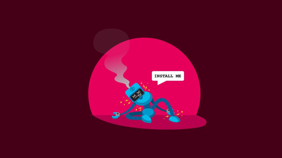 A broken robot, electricity sparking and smoking, saying 'install me'