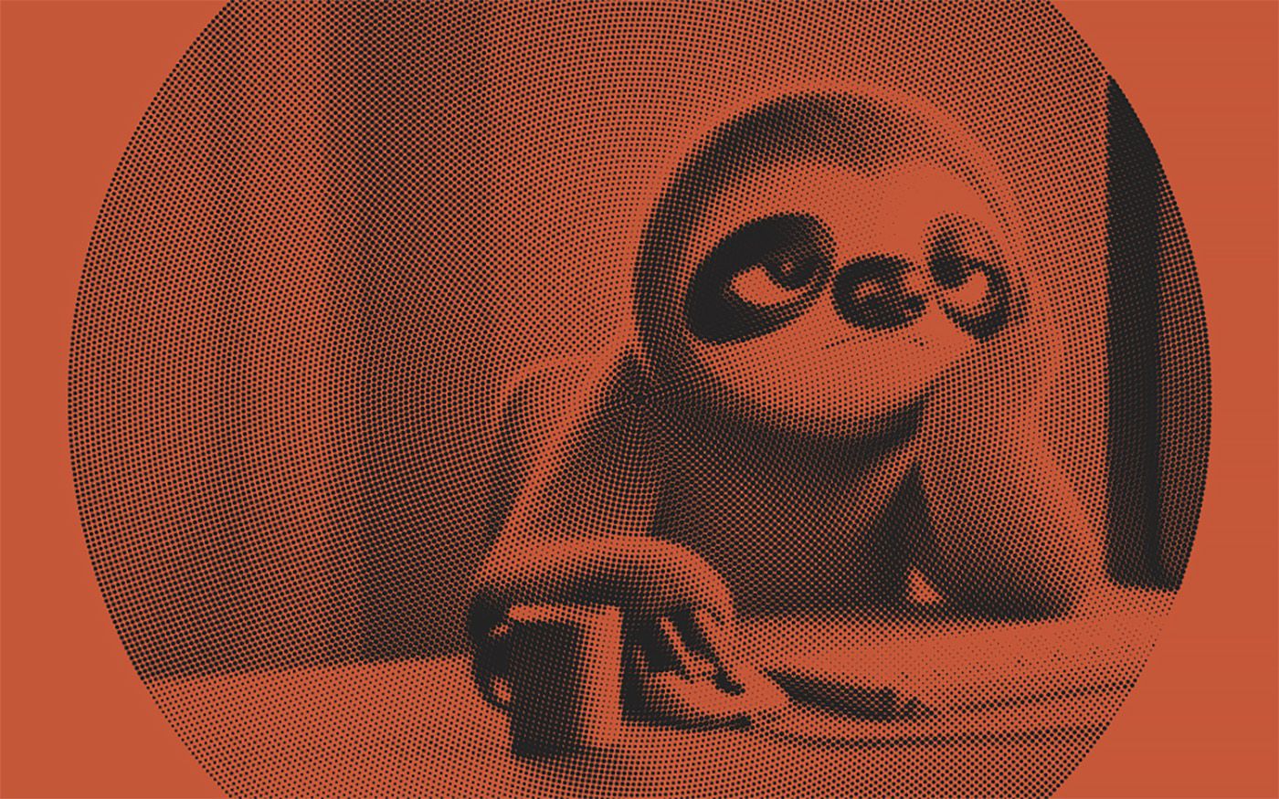 A sloth, sitting at their computer with a bored look, rendered in dark halftone over red